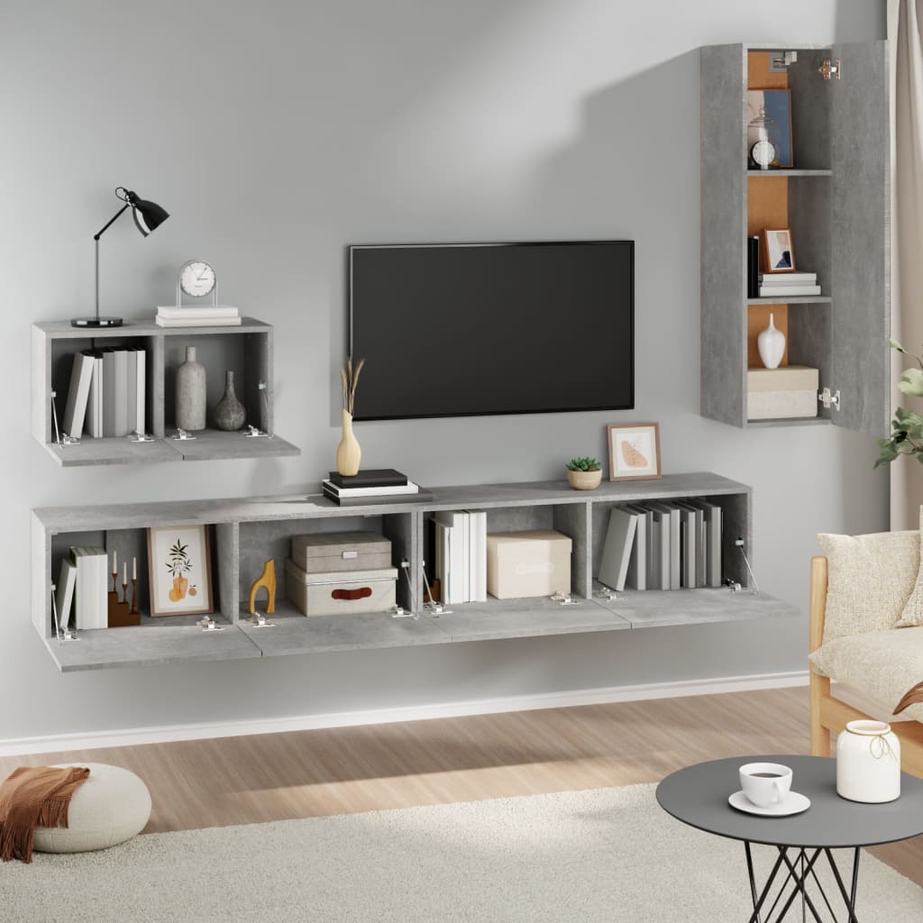 Ensemble de meubles TV 4 pièces en béton gris à base de bois