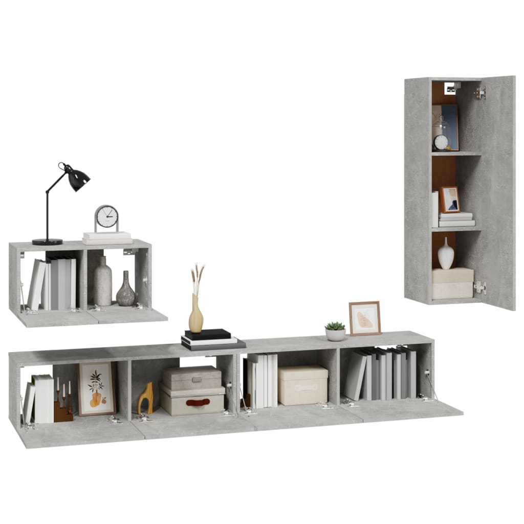 Ensemble de meubles TV 4 pièces en béton gris à base de bois