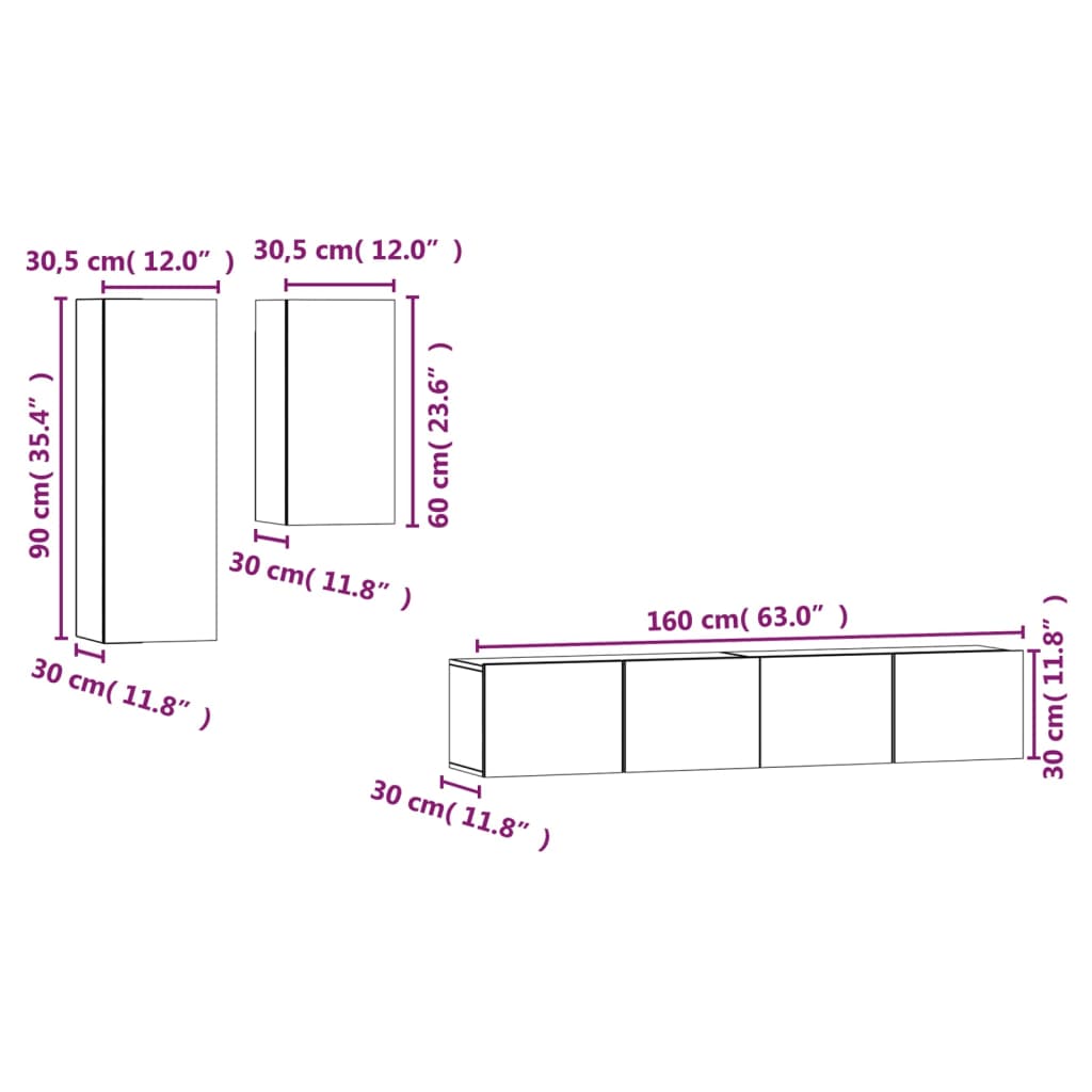 Ensemble de meubles TV 4 pièces en bois de chêne fumé