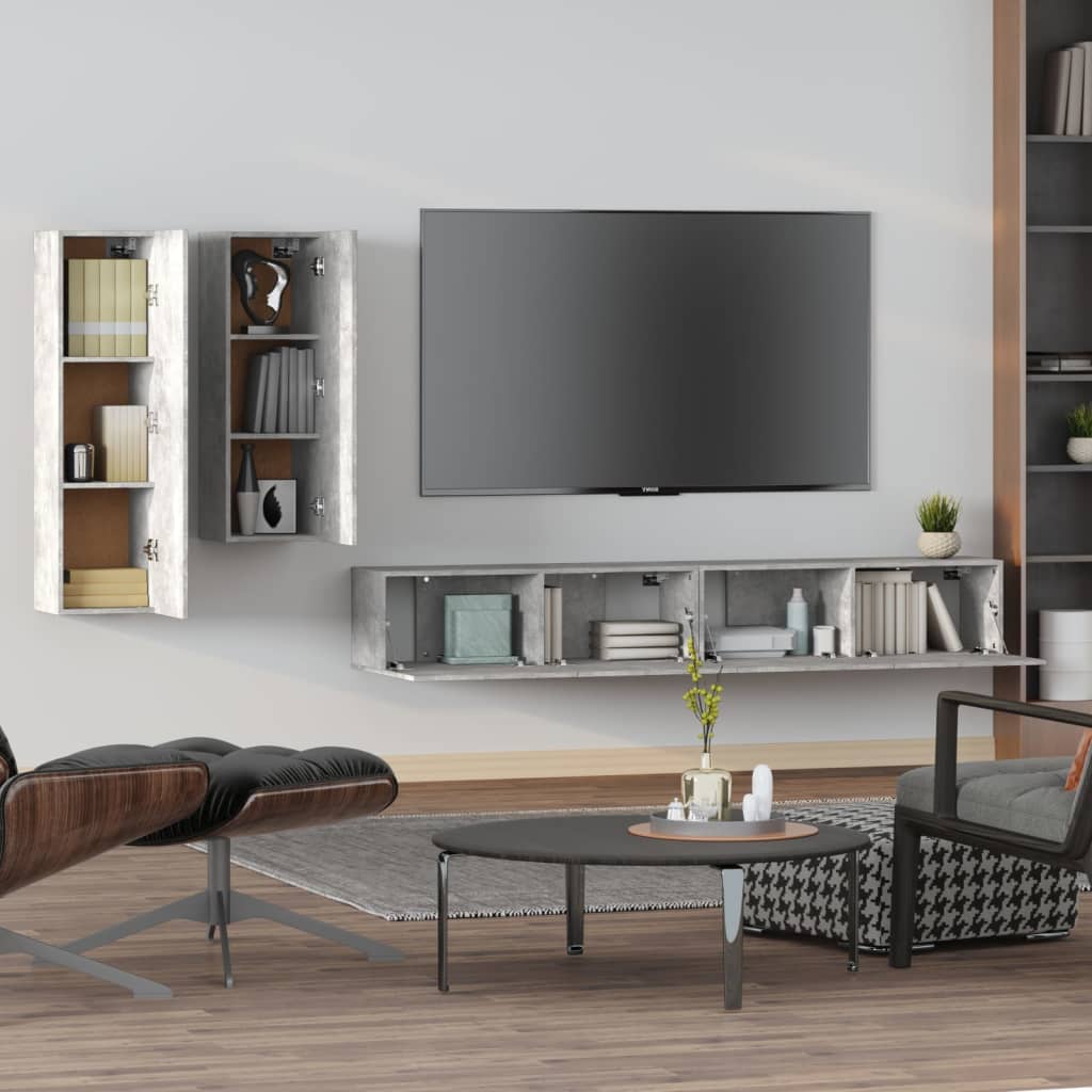 Ensemble de meubles TV 4 pièces en béton gris à base de bois