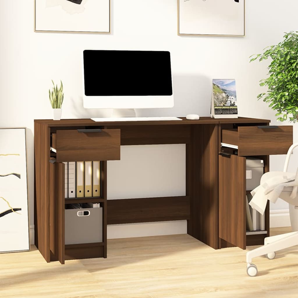 Bureau avec armoire latérale aspect chêne brun