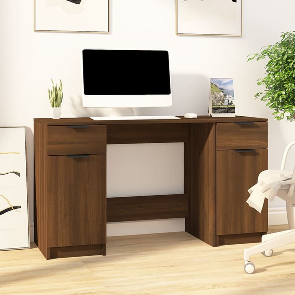 Bureau avec armoire latérale aspect chêne brun
