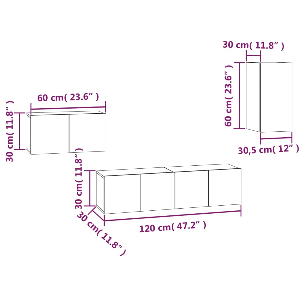 Ensemble de meubles TV 4 pièces en bois de chêne fumé