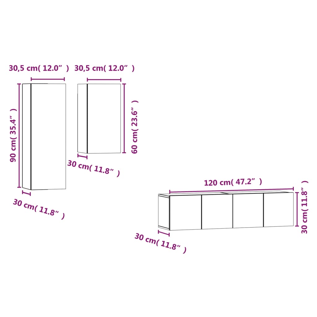 Ensemble de meubles TV 4 pièces en bois de chêne fumé