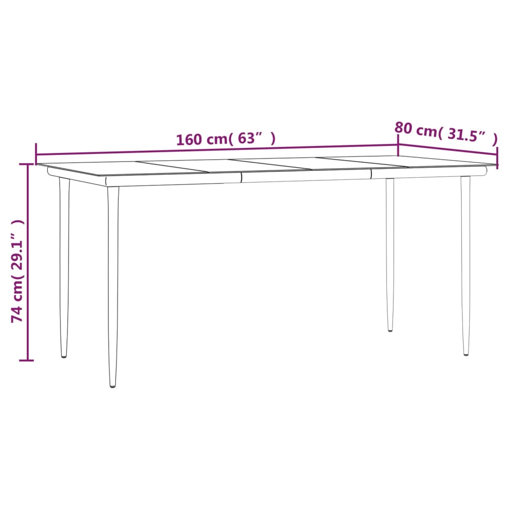 Garden dining table black 160x80x74 cm steel and tempered glass
