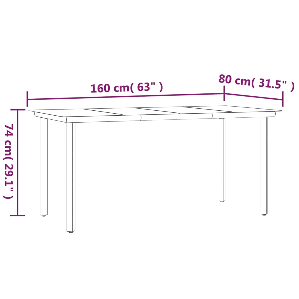 Garden dining table black 160x80x74 cm steel and tempered glass