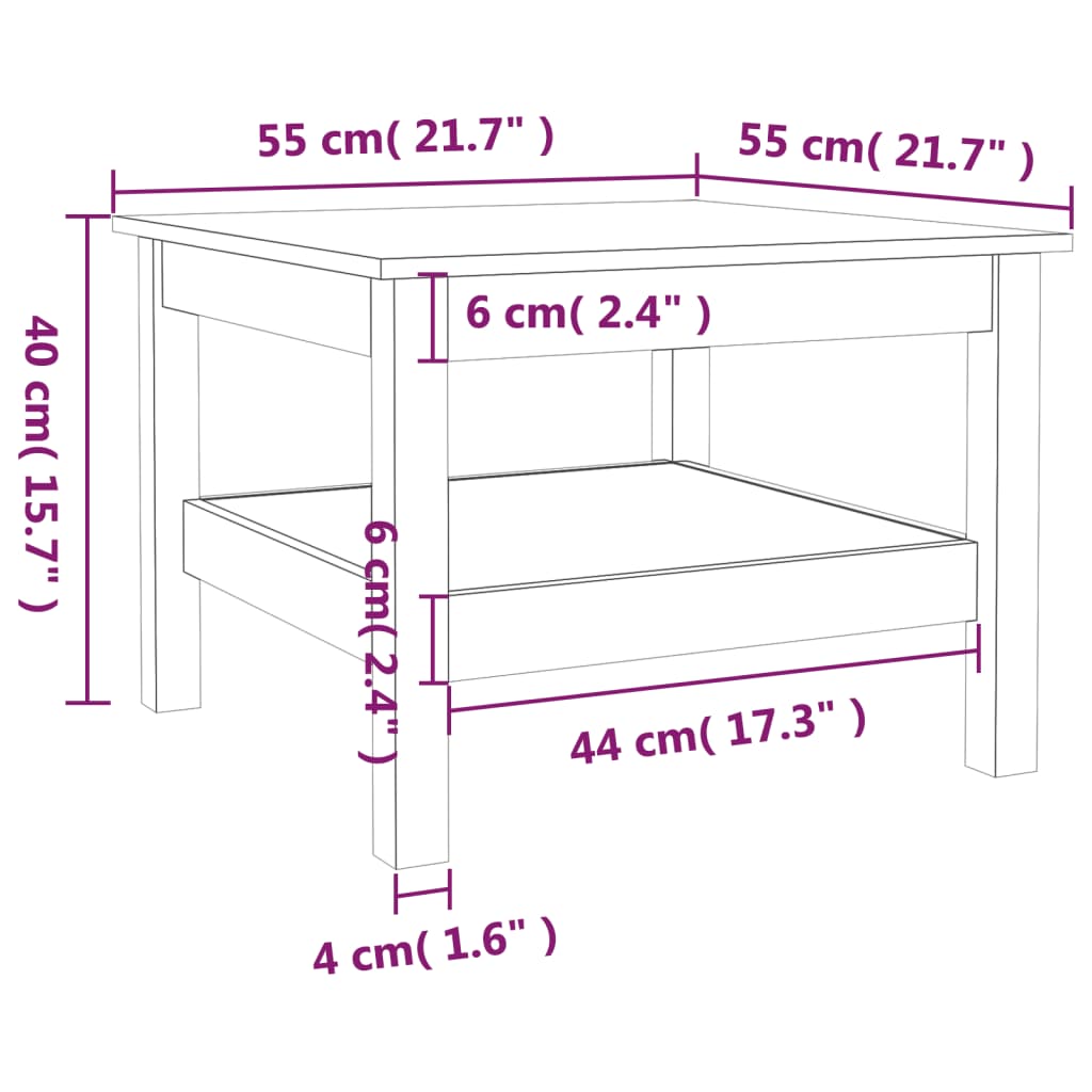 Table basse blanche 55x55x40 cm en bois de pin massif