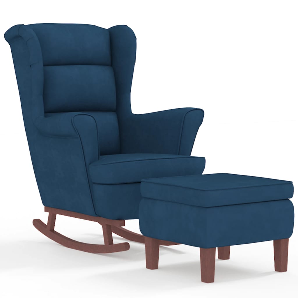 Chaise à bascule et tabouret avec pieds en bois velours bleu