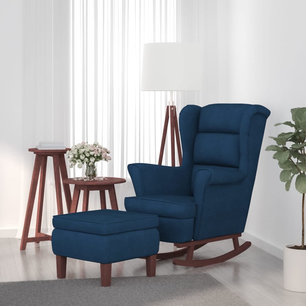 Chaise à bascule et tabouret avec pieds en bois velours bleu