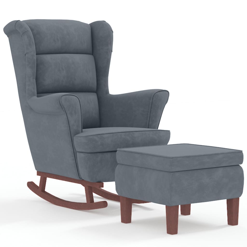 Chaise à bascule et tabouret avec pieds en bois et velours gris foncé