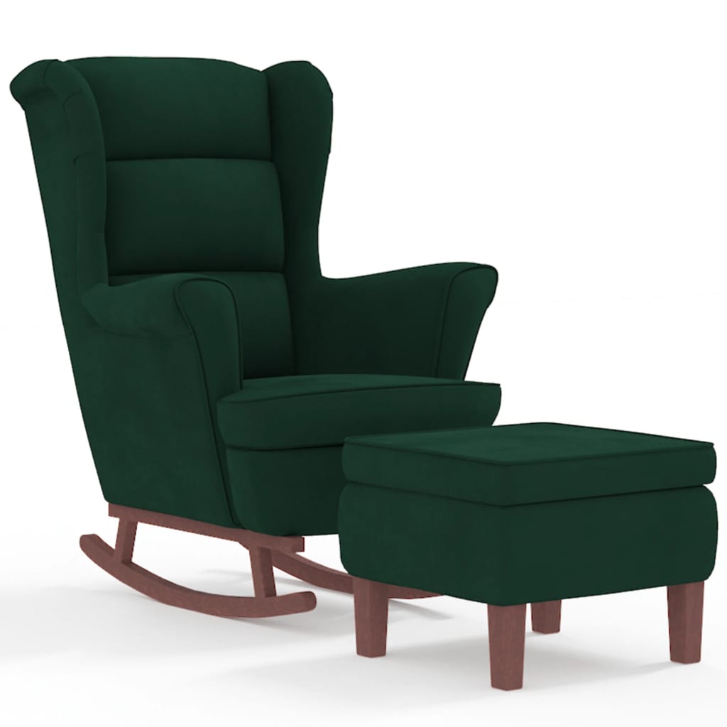 Chaise à bascule et tabouret avec pieds en bois velours vert foncé