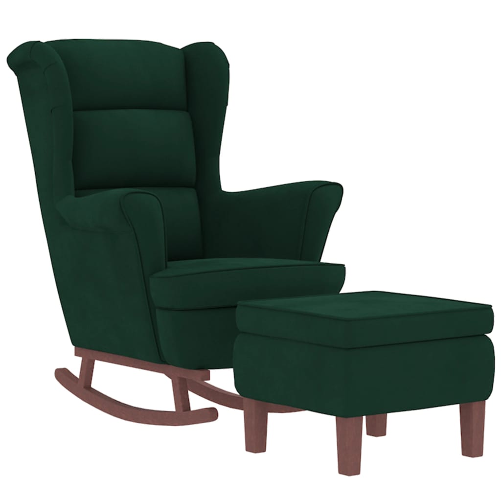 Chaise à bascule et tabouret avec pieds en bois velours vert foncé