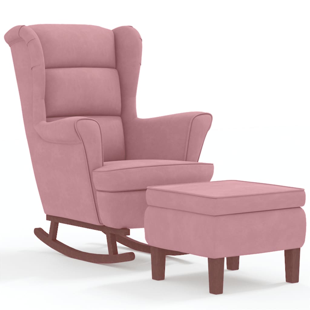 Chaise à bascule et tabouret avec pieds en bois velours rose