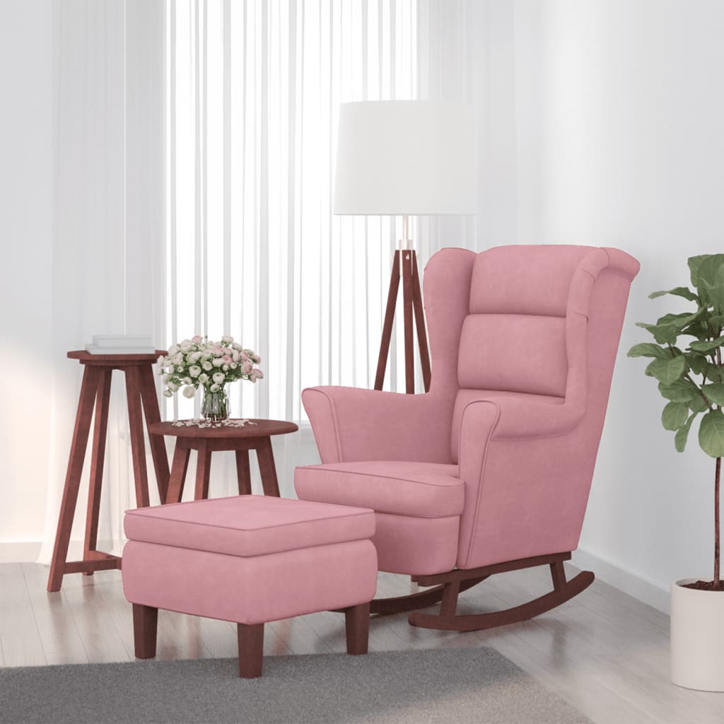 Chaise à bascule et tabouret avec pieds en bois velours rose