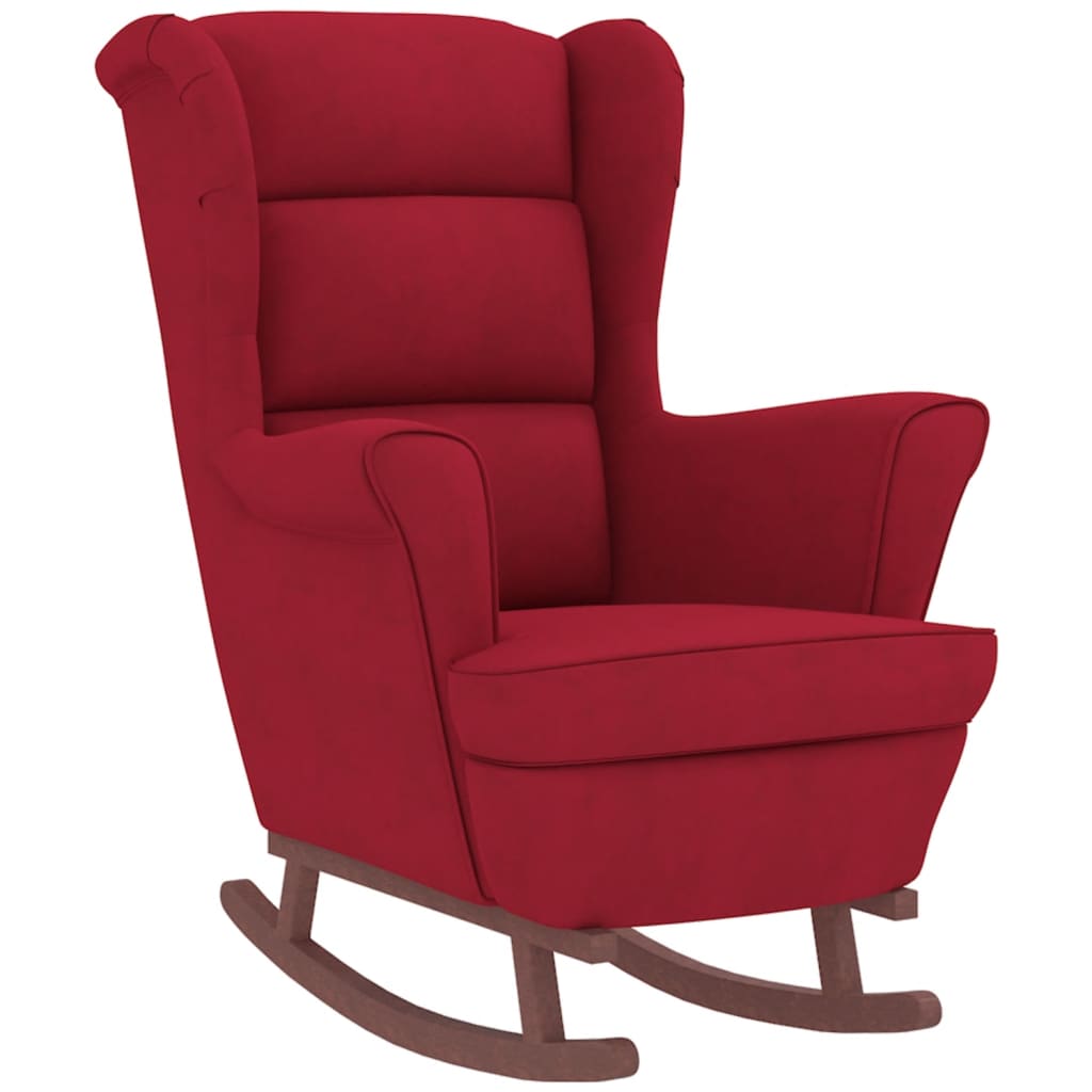 Chaise à bascule et tabouret avec pieds en bois et velours rouge vin