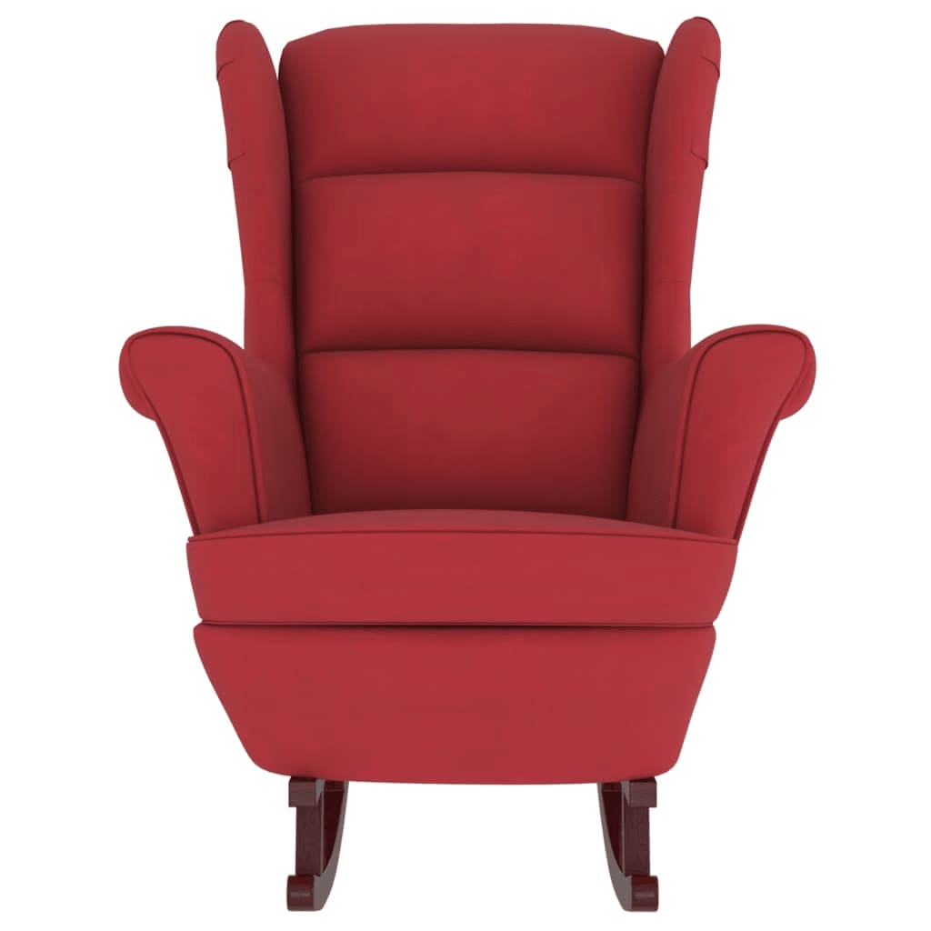 Chaise à bascule et tabouret avec pieds en bois et velours rouge vin