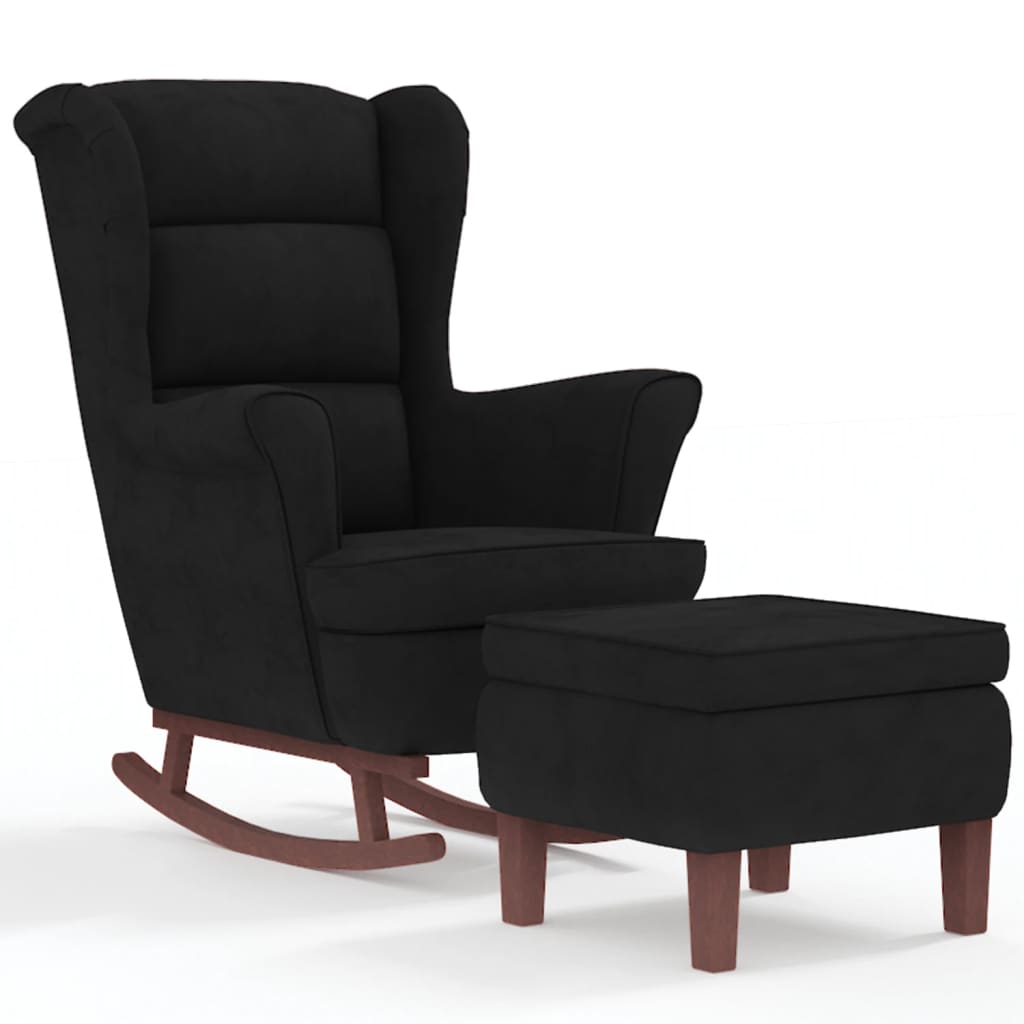 Chaise à bascule et tabouret avec pieds en bois Velours Noir