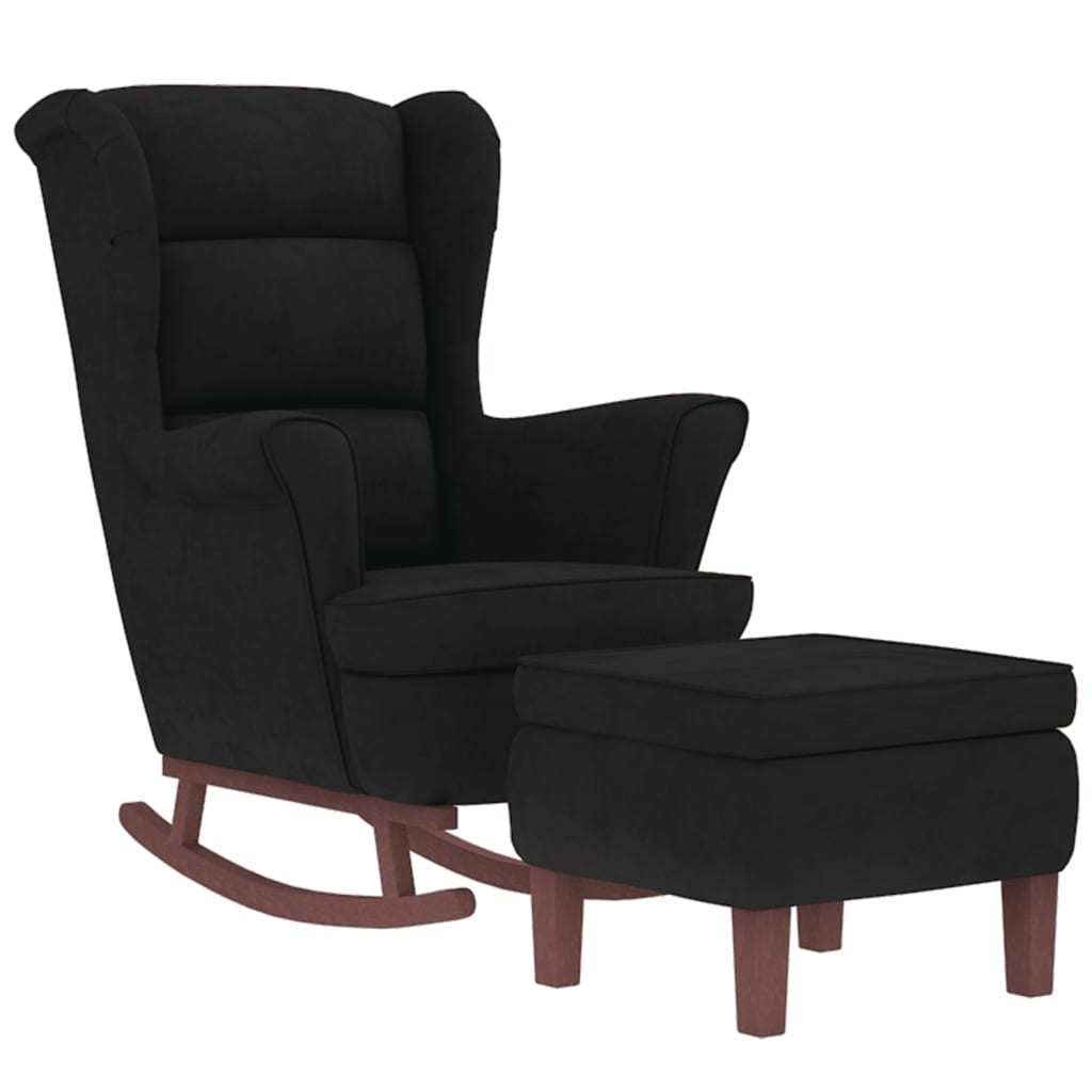 Chaise à bascule et tabouret avec pieds en bois Velours Noir