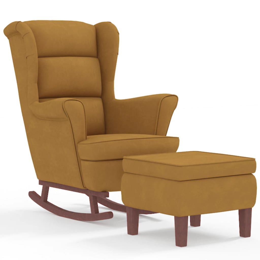 Chaise à bascule et tabouret avec pieds en bois velours marron
