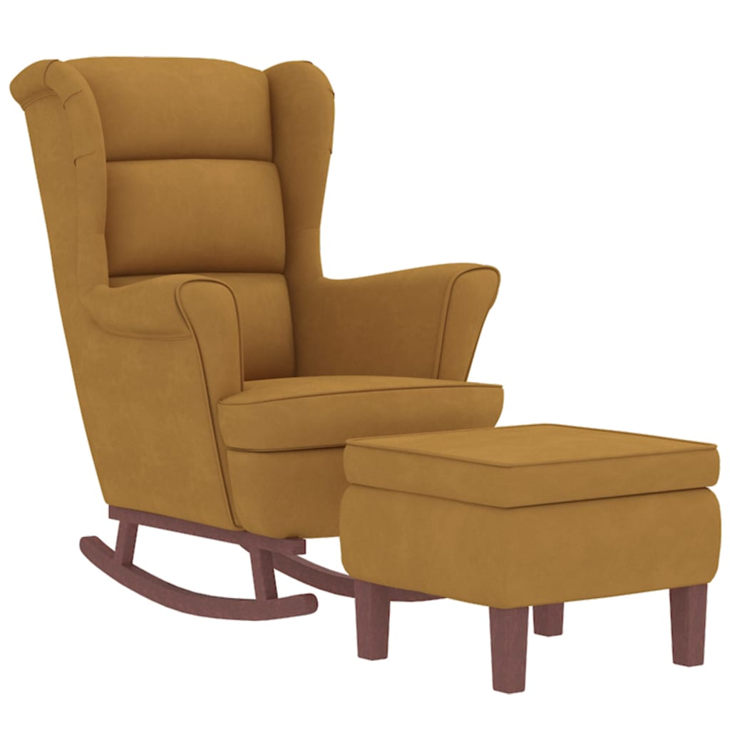 Chaise à bascule et tabouret avec pieds en bois velours marron
