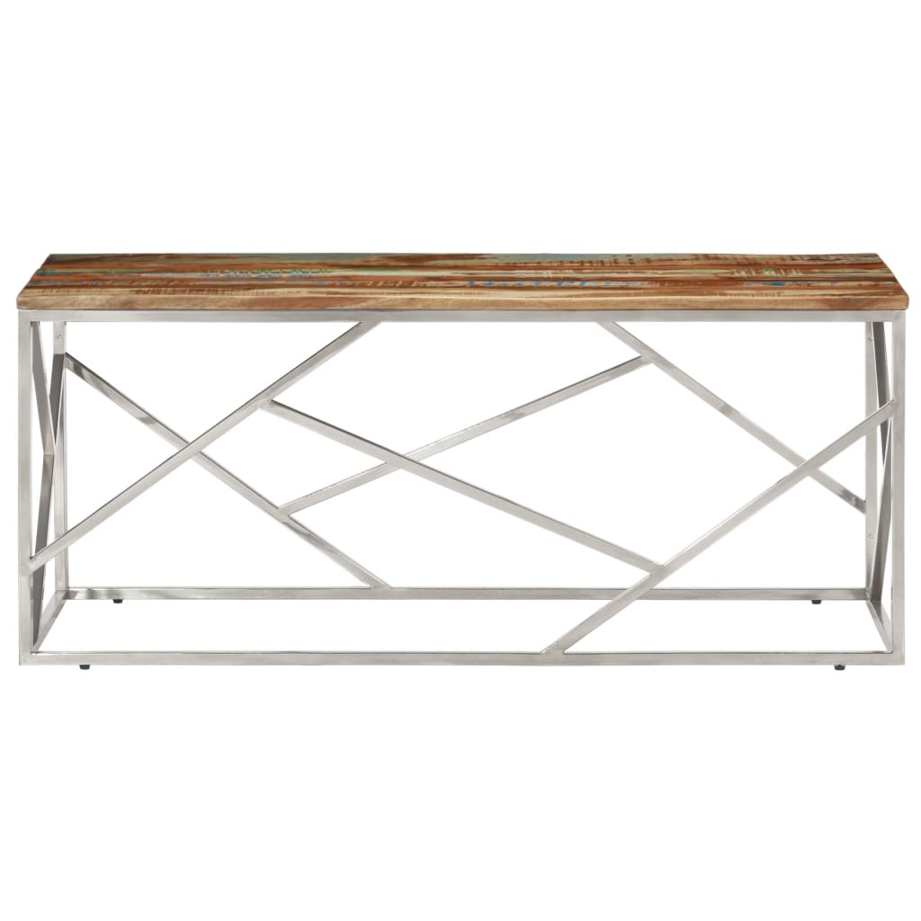 Table basse en acier inoxydable argenté et bois massif de récupération