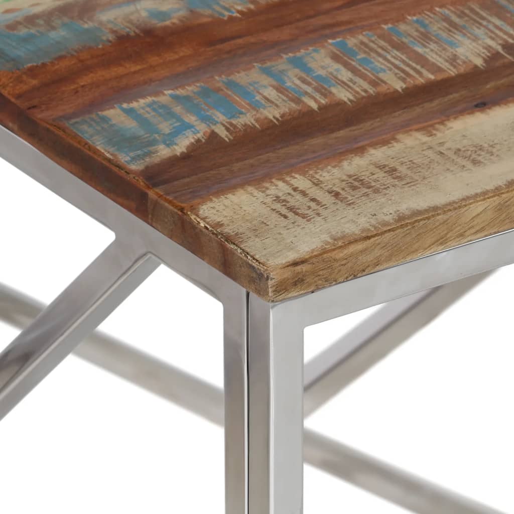 Table basse en acier inoxydable argenté et bois massif de récupération