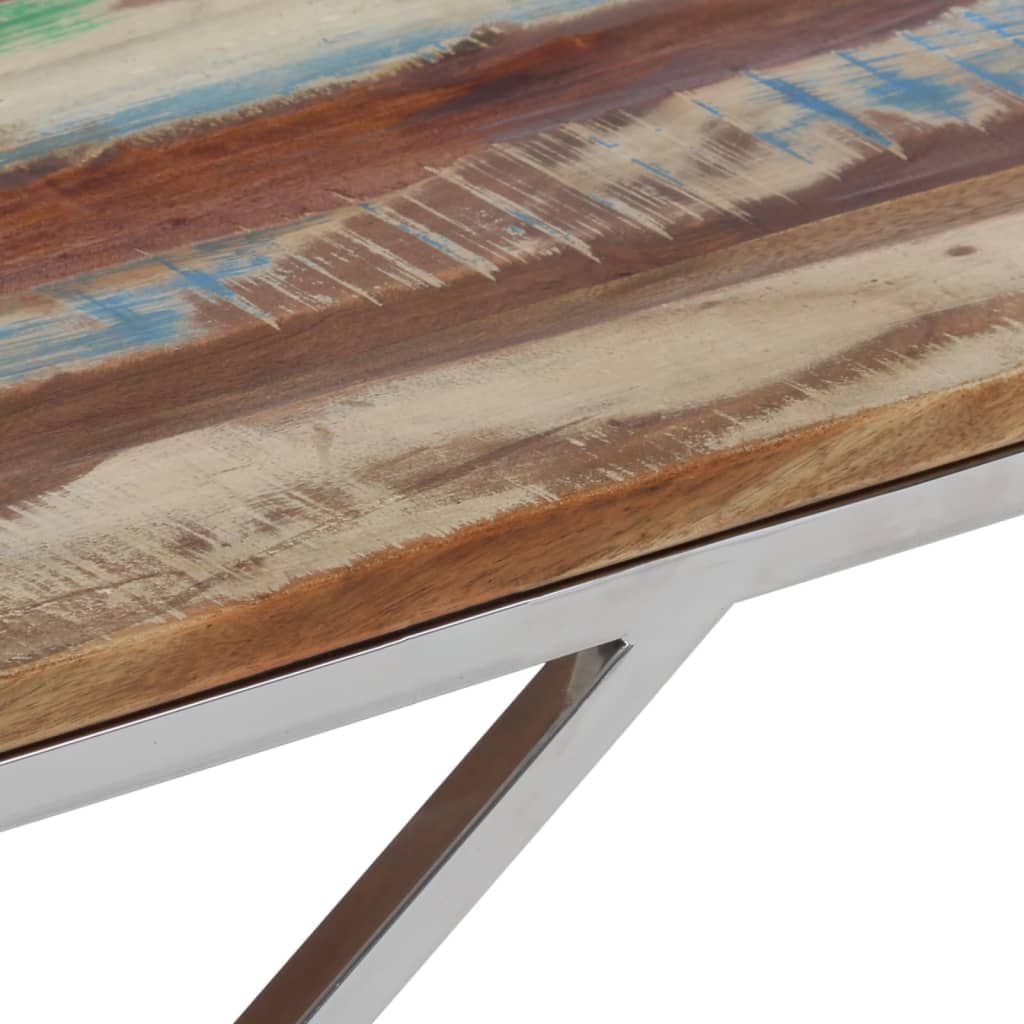Table basse en acier inoxydable argenté et bois massif de récupération