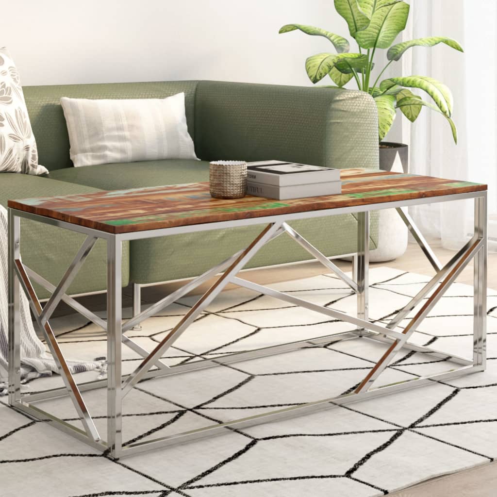 Table basse en acier inoxydable argenté et bois massif de récupération
