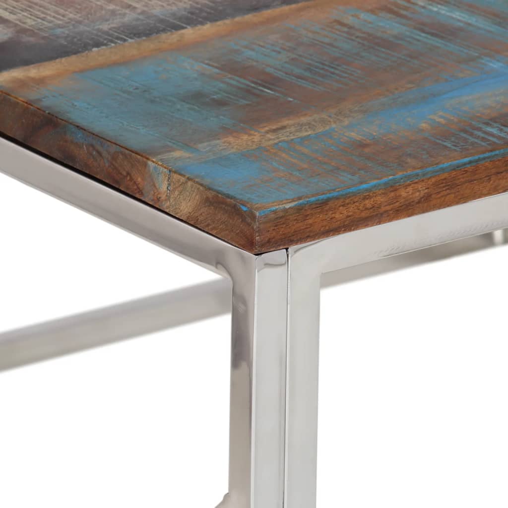 Table basse en acier inoxydable argenté et bois massif de récupération