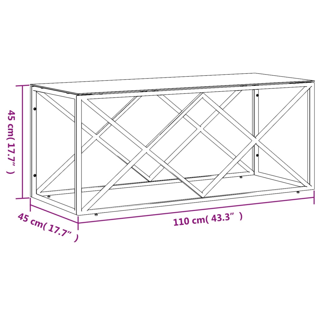Table basse 110x45x45 cm en acier inoxydable et verre