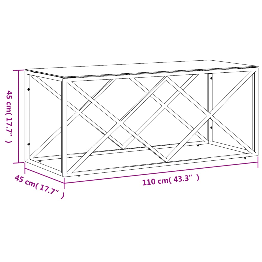 Table basse 110x45x45 cm en acier inoxydable et verre