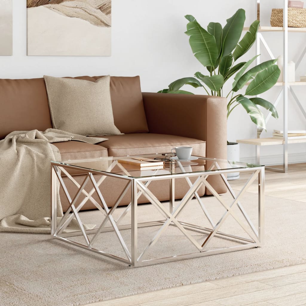 Table basse 80x80x40 cm en acier inoxydable et verre