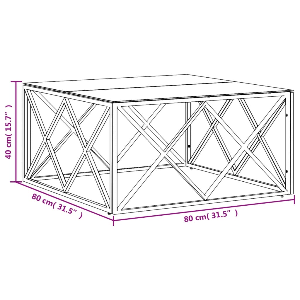 Table basse 80x80x40 cm en acier inoxydable et verre