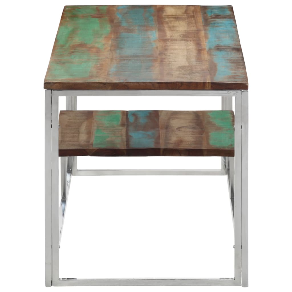 Table basse en acier inoxydable argenté et bois massif récupéré