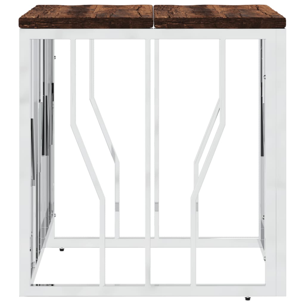 Table basse en acier inoxydable argenté et bois massif récupéré