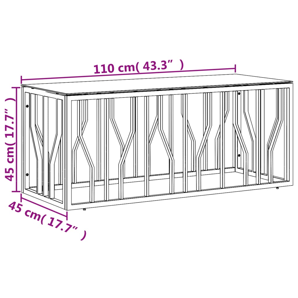 Table basse 110x45x45 cm en acier inoxydable et verre