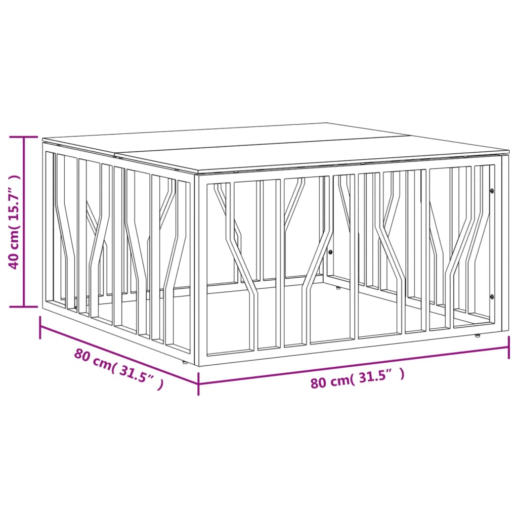 Table basse 80x80x40 cm en acier inoxydable et verre