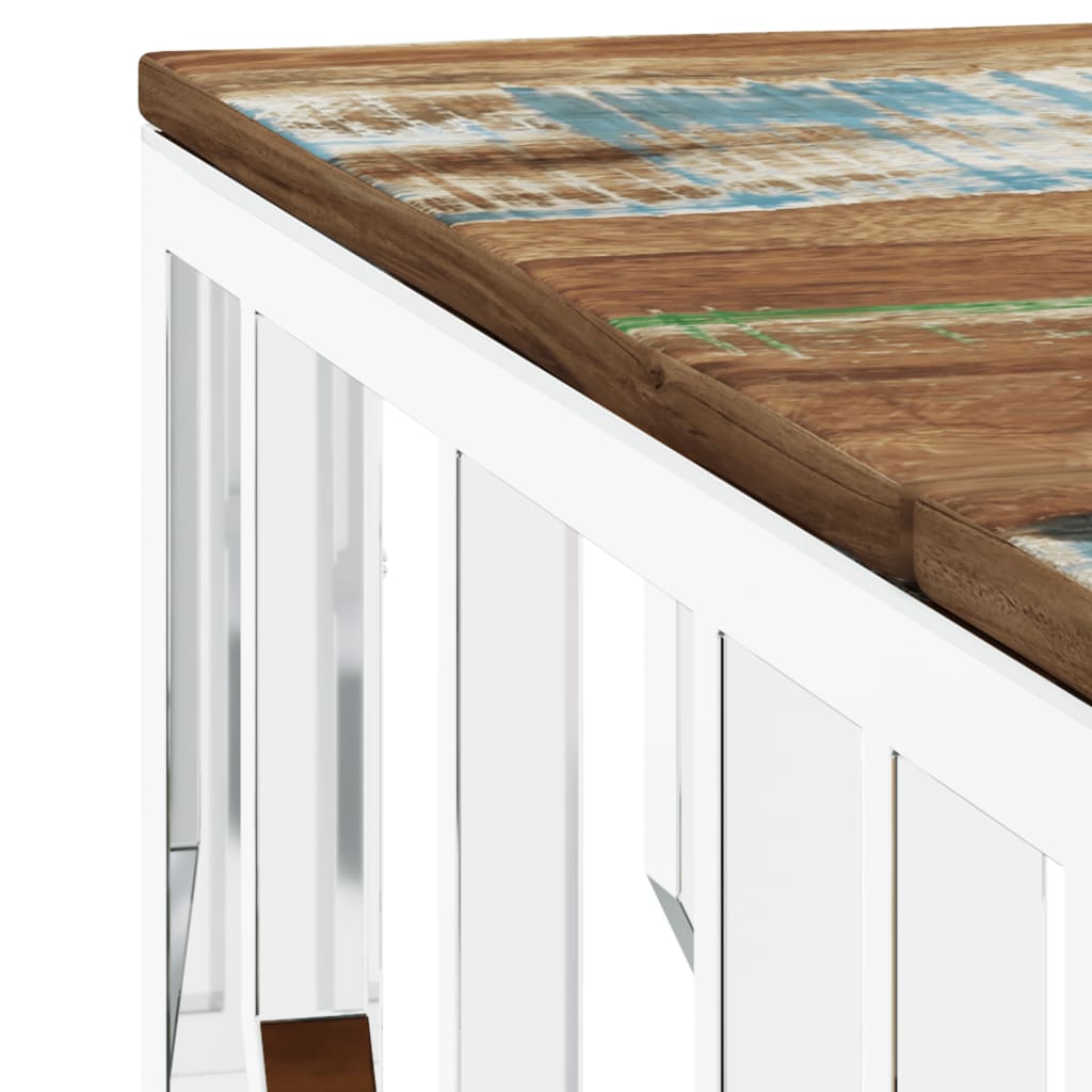 Table basse en acier inoxydable argenté et bois massif récupéré
