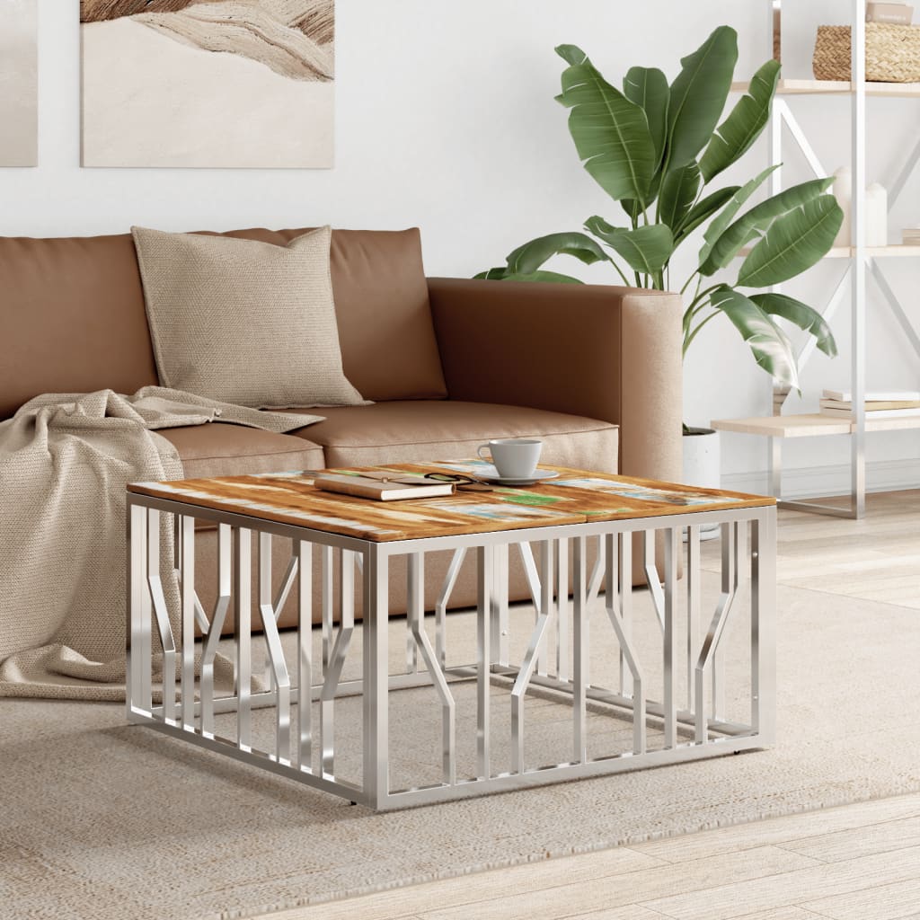 Table basse en acier inoxydable argenté et bois massif récupéré