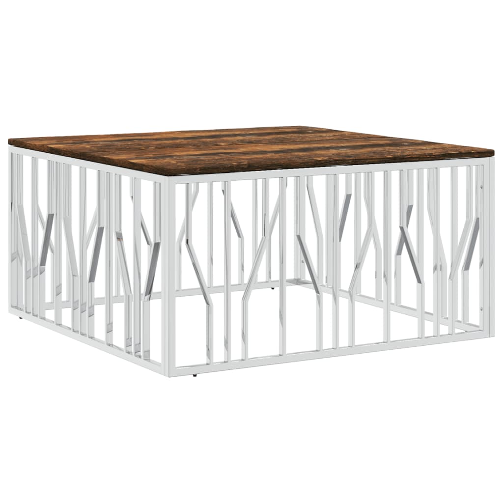 Table basse en acier inoxydable argenté et bois massif de récupération