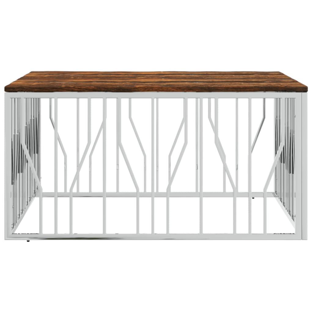 Table basse en acier inoxydable argenté et bois massif de récupération