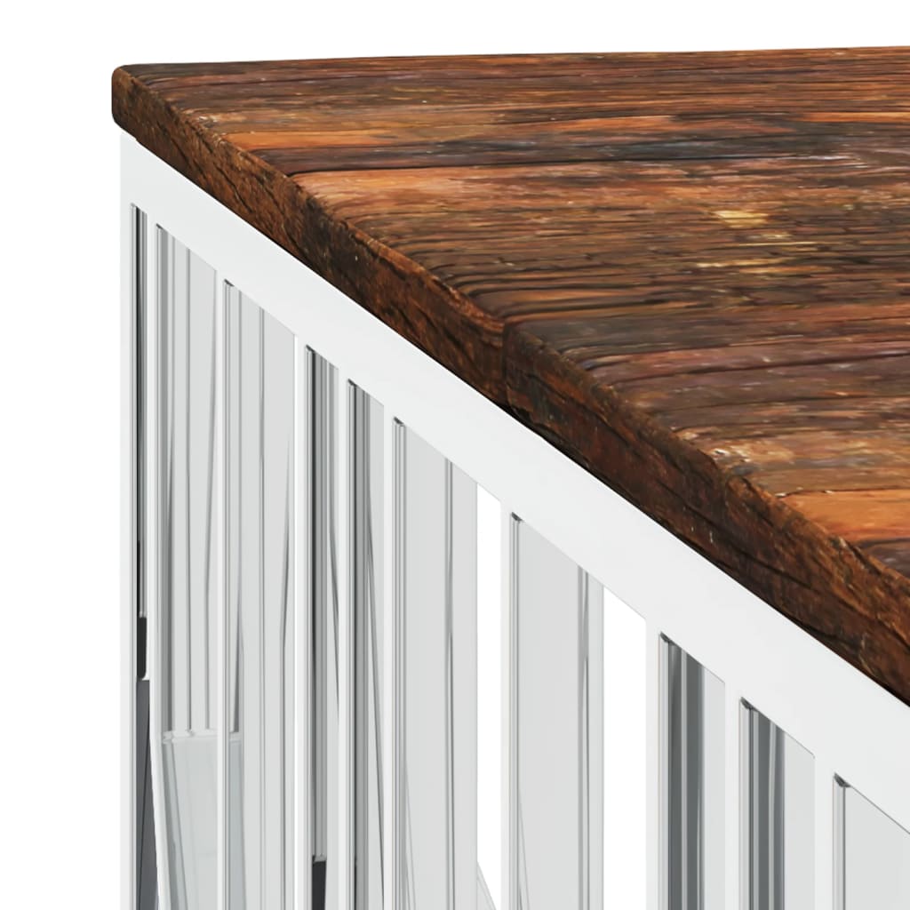 Table basse en acier inoxydable argenté et bois massif de récupération