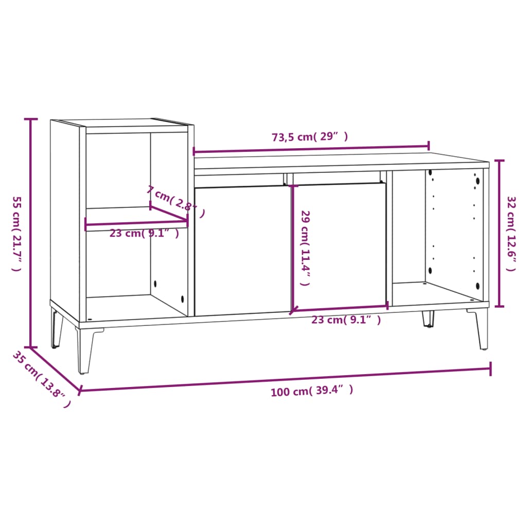 Meuble TV chêne fumé 100x35x55 cm matériau bois