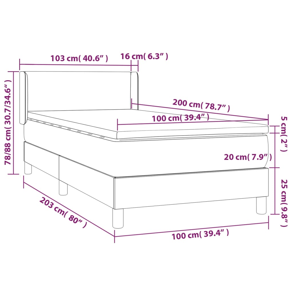 Lit sommier tapissier avec matelas tissu gris foncé 100x200 cm