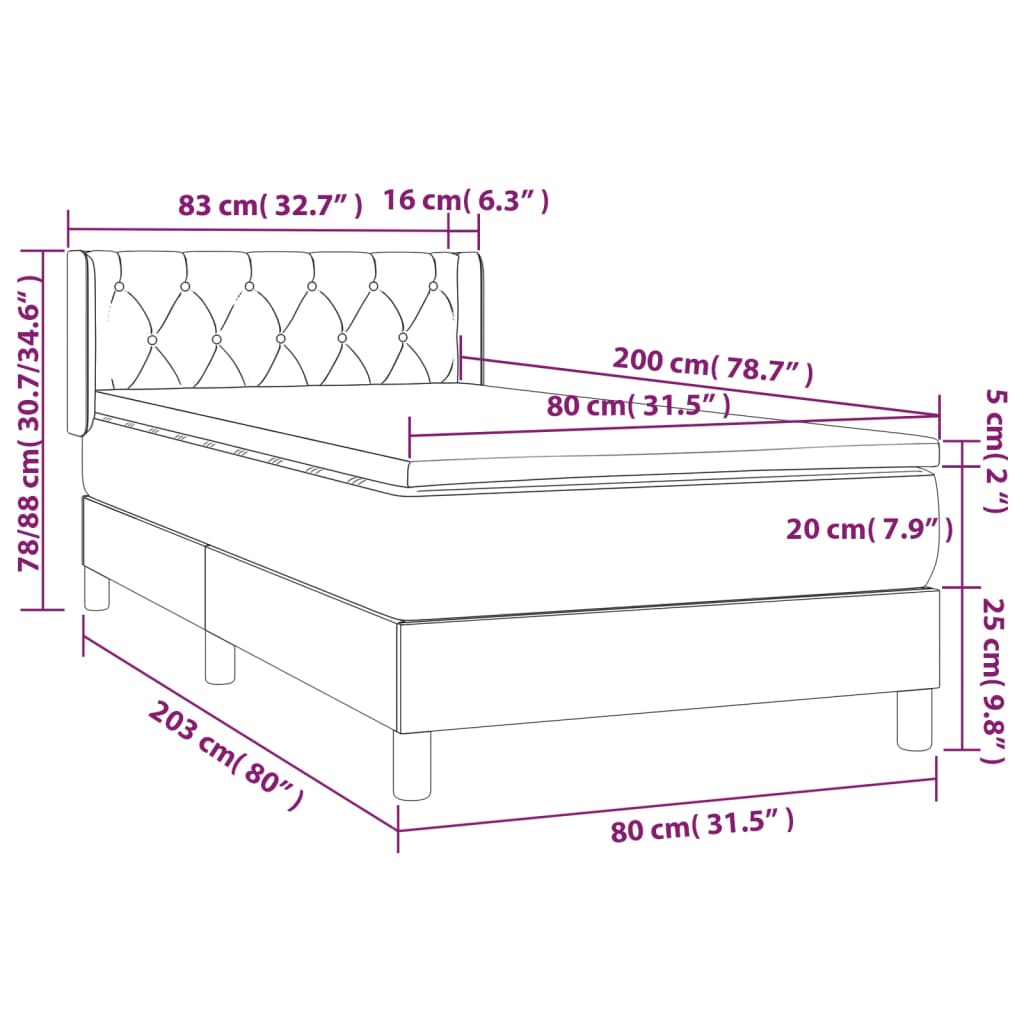 Boxspringbett mit Matratze Schwarz 80x200 cm Stoff