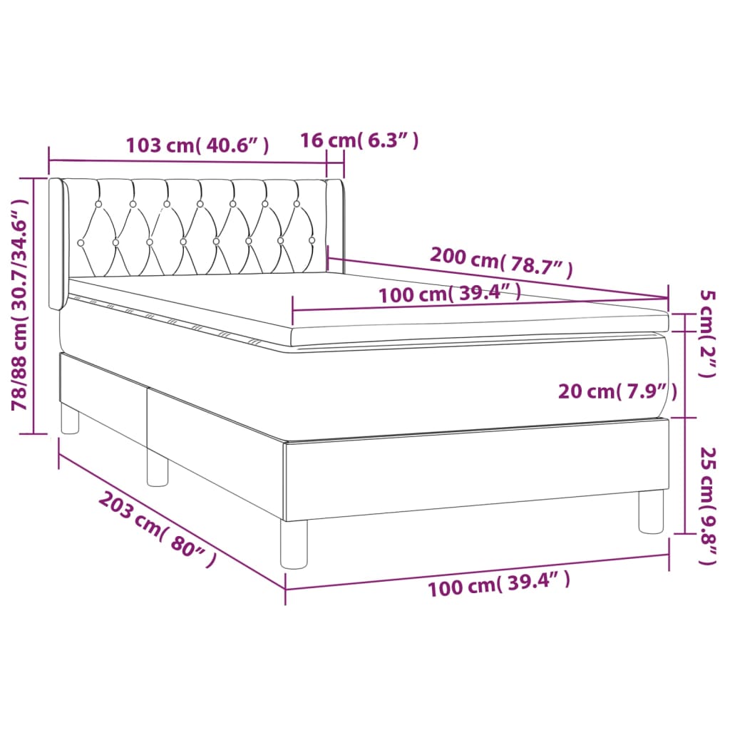 Lit sommier tapissier avec matelas tissu gris foncé 100x200 cm