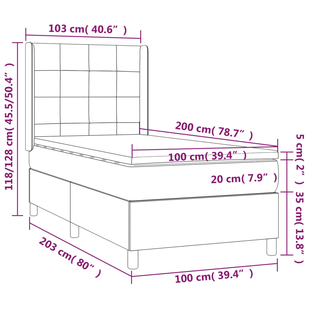 Lit sommier tapissier avec matelas tissu gris foncé 100x200 cm