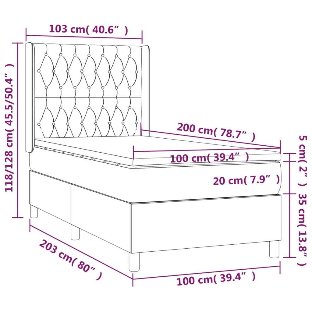 Lit sommier tapissier avec matelas tissu gris foncé 100x200 cm