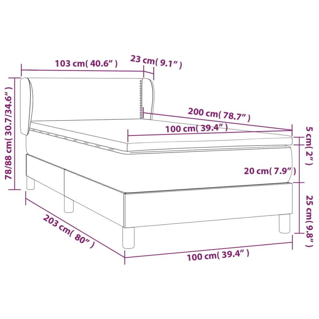Lit sommier tapissier avec matelas tissu gris foncé 100x200 cm