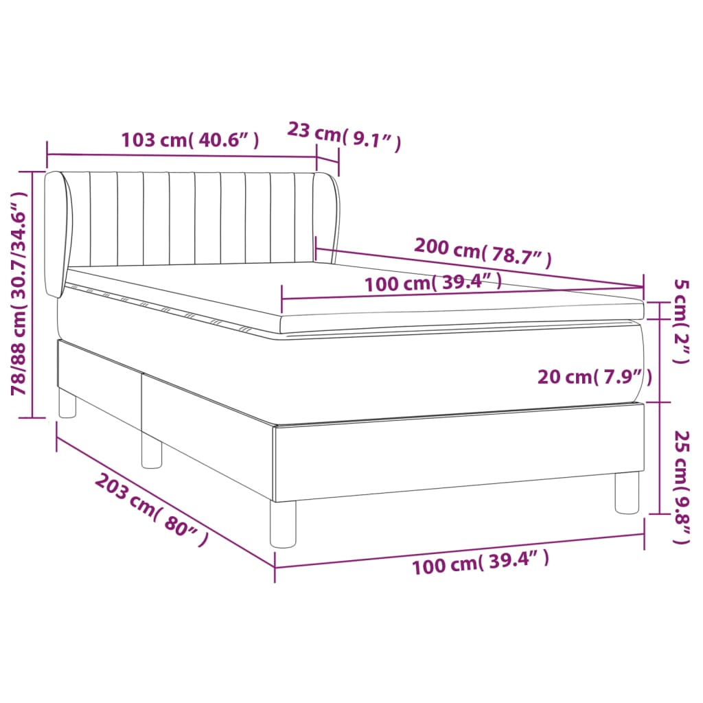 Lit sommier tapissier avec matelas tissu gris foncé 100x200 cm